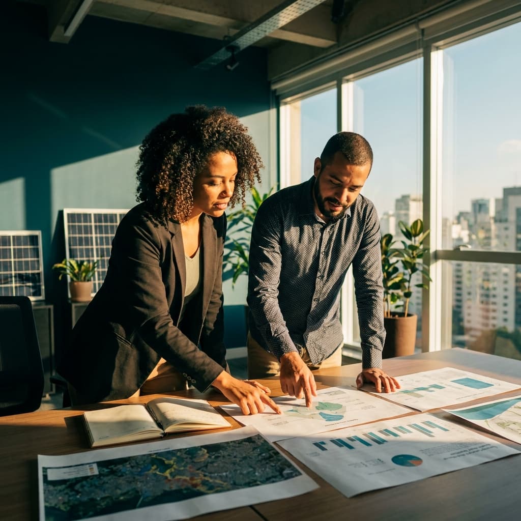 Consultores mapeando a operação de uma integradora solar sobre gráficos impressos